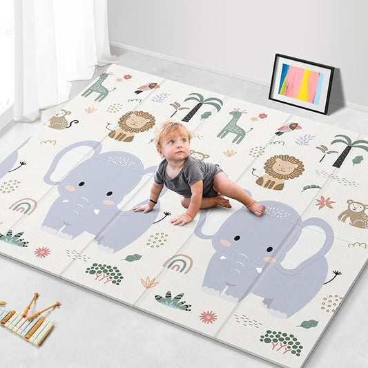 79x71 Foldable Baby Play Mat for Floor, Extra Large Non-Toxic Tummy Time and Crawling Playmat, Thick Foam Play Mat for Baby, Reversible Portable Babies Floor Mats for Infant, Toddler-CubbioJoy