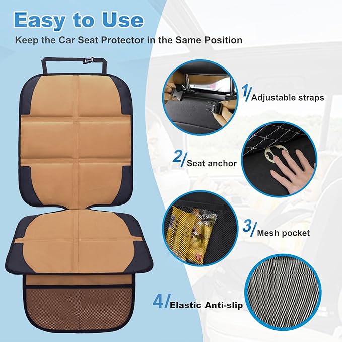 Car Seat Protector for Child Car Seat, 2 Pack Baby Car Seat Covers with Mesh Pockets & Non-Slip Backing 600D Durable Seat Protector (Brown, Standard)-CubbioJoy