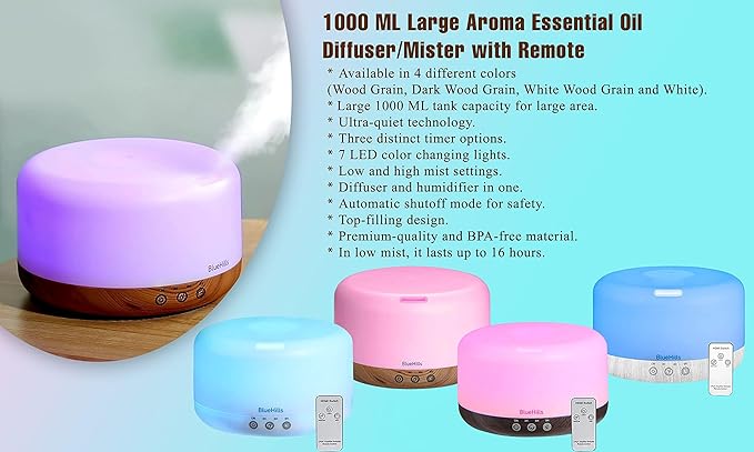 BlueHills Premium 1000 ML Large Essential Oil Diffuser Humidifier for Room Home Aromatherapy Big Capacity Oil Diffuser with Décor LED Lights Long Running Round Diffuser Dark Wood Grain – D002-CubbioJoy