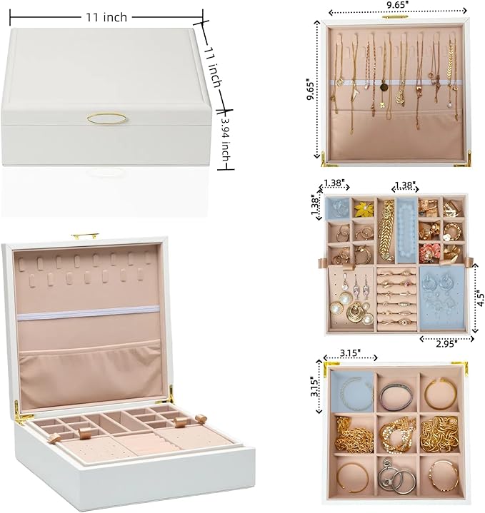 Jewelry Box Organizer for Women,White 2 Layer jewelry Stoarge Case,Built in Necklace Hook and Detachable Jewelry Tray,Indoor Jewelry Display Box-CubbioJoy