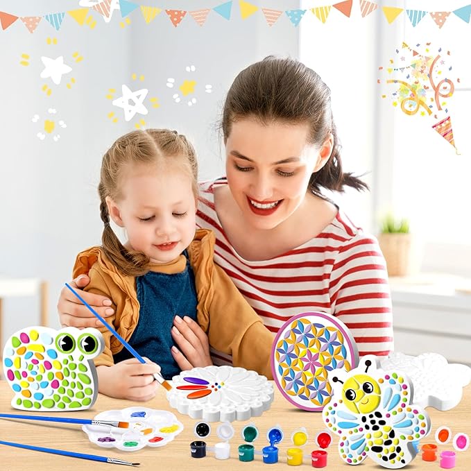 6 Pack Paint Your Own Plaster Stones - Kids Summer Arts and Crafts Garden Handprint Stepping Stone Painting Kit DIY Ceramic Craft Pottery Outdoor Painting Gifts for Kids Ages 4-12-CubbioJoy