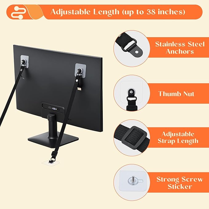 2 Pack TV Safety Straps Adjustable, Adhesive Anti-Tip Furniture Anchor for Flat Screen, TV and Furniture Safety Straps for Baby Proofing, Black-CubbioJoy