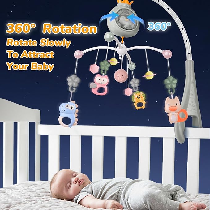 Crib Mobile with Music and Lights, Mobiles for Cribs, Baby Nursery Space Portable Infant Arm Hanger for Girls Boys Babies Bassinets Pack and Play Clip On Attachment, Toys Musical Hanging-CubbioJoy