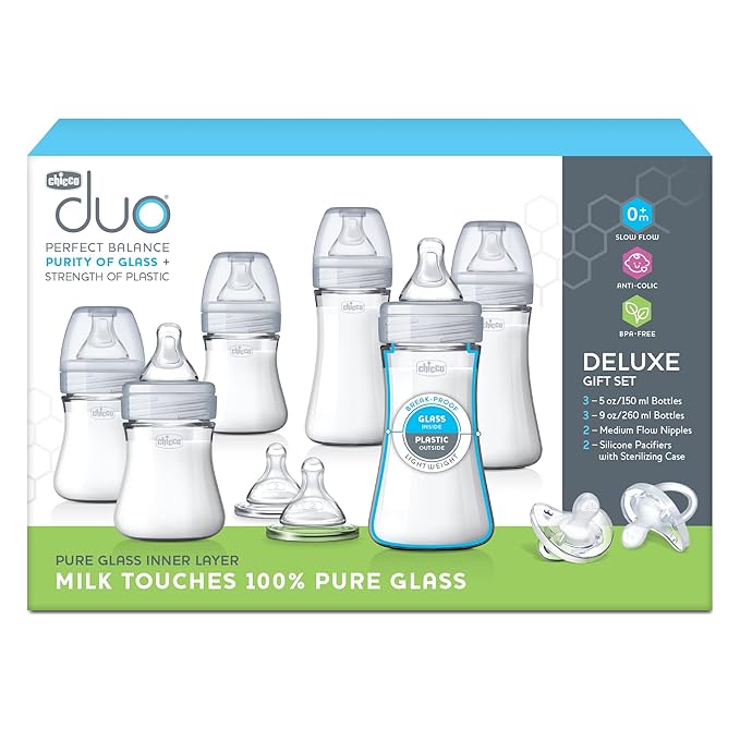 Chicco Duo Deluxe Hybrid Baby Bottle Starter Gift Set with Invinci-Glass Inside and Plastic Outside | Dishwasher, Bottle Warmer, and Electric Sterilizer Safe | Intui-Latch Nipple | Clear/Grey-CubbioJoy