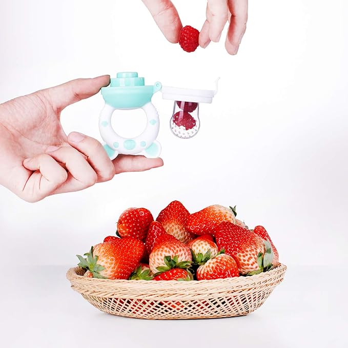 Baby Fruit Food Feeder Pacifier - Fresh Food Feeder, Infant Fruit Teething Teether Toy for 3-24 Months, 6 Pcs Silicone Pouches for Toddlers & Kids & Babies, 2-Pack (Cyan)-CubbioJoy