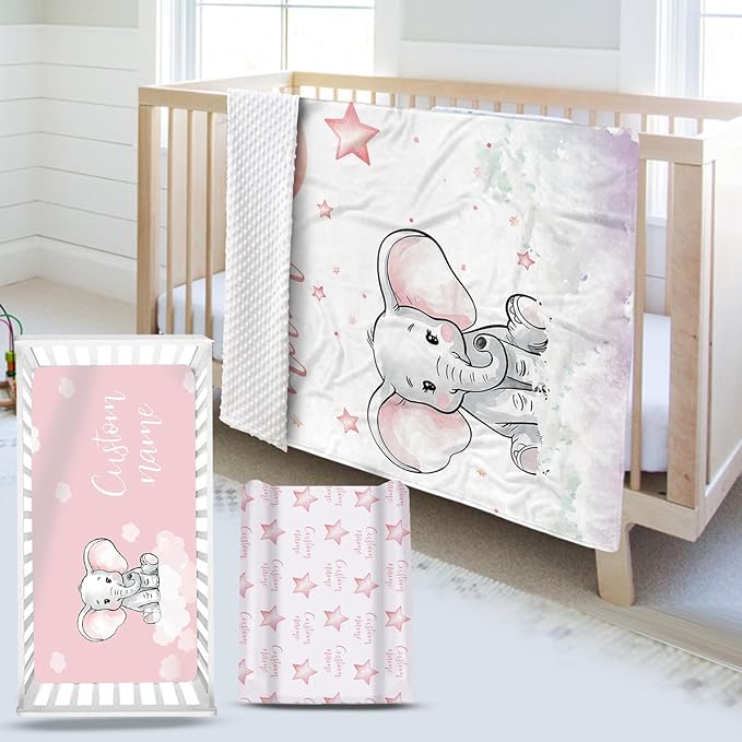 Custom Name Crib Bedding Set - Starry Sky Elephant Design, Personalized Baby Nursery Bedding 3-Piece Set– Soft Blanket, Fitted Sheet, Changing Pad Cover – for Newborns Girls Nursery Gifts-CubbioJoy