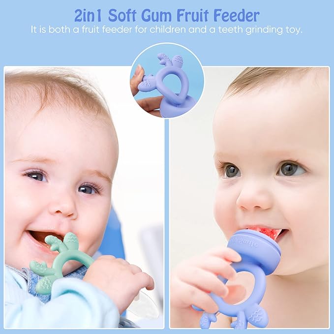 Baby Solids/Frozen Fruit Feeder Pacifier, Infant Teether Toy 4M+, BPA-Free Silicone Pouch & Nipple, Safely Introduce Solids, Teething Relief, 2-Pack (Deer - Green Purple, S/M/L)-CubbioJoy