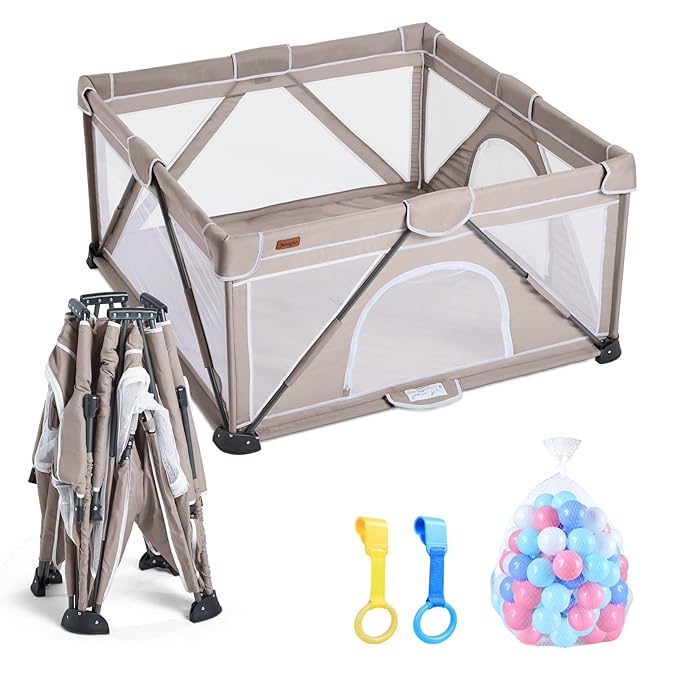 Baby Playpen Foldable, Playard for Babies and Toddlers, Portable Playpen Activity Center with 50 Balls+2 Handles for Travel, Indoor & Outdoor Play Pen with Mesh 59''x71''-CubbioJoy