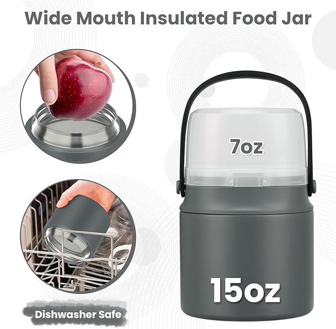 2-in-1 Insulated Food Jar & Snack Container - 15oz Kids Soup Thermos for Hot Food with Handle and Spoon, Leak Proof Reusable Toddler Snack Box, Perfect for School & Travel, Grey-CubbioJoy