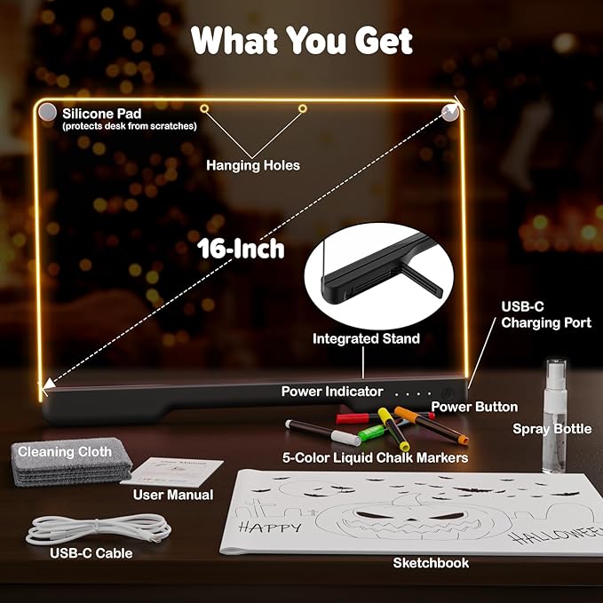 16-Inch Rechargeable Doodle Glow LED Note Board, 7-Color Light Modes, Neon Art Dry Erase Light Up Drawing Pad with Built-in Stand, Sketching Gift Toy for Kids/Girls/Teens, 5 Markers & Tracing Book-CubbioJoy