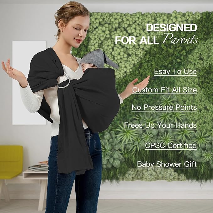Baby Wrap Ring Sling 7-35 lbs, Baby Sling Carrier for Newborn, Toddler, Infant Holder, Lightweight Baby Carrier Wraps, Black-CubbioJoy