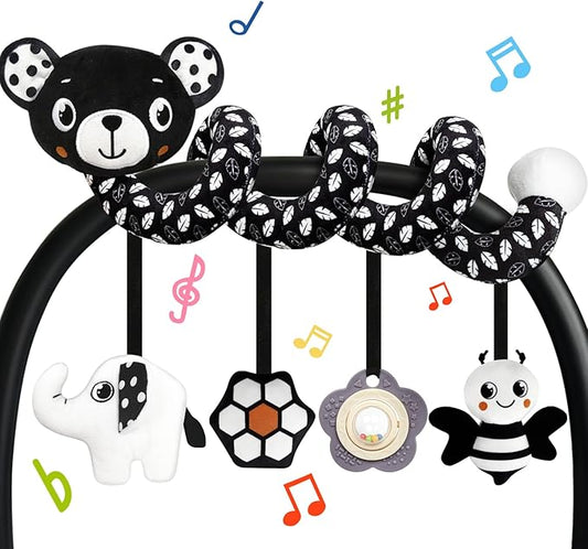 Car Seat Toys for Babies 0-6 Months,Hanging Rattle Toys for Crib Mobile, Baby Spiral Hanging Stroller Black and White High Contrast Toys for Newborn 0 3 6 9 12 Months Baby Boys Girls (Bear)-CubbioJoy
