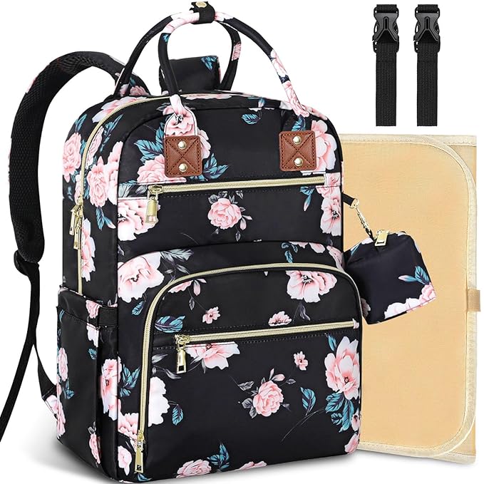 Baby Diaper Bag Backpack, Travel Diaper Bags for Girl Boy Large Capacity Baby Bag Backpack for Women Black Floral-CubbioJoy