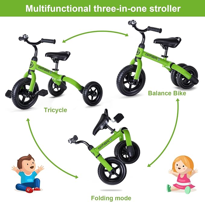 Ancaixin 3 in 1 Toddler Tricycles for 2-5 Years Old Boys and Girls with Adjustable Seat Detachable Pedal and Bell, Foldable Baby Balance Bike Riding Toys for Kids, Child Birthday Gift Green-CubbioJoy
