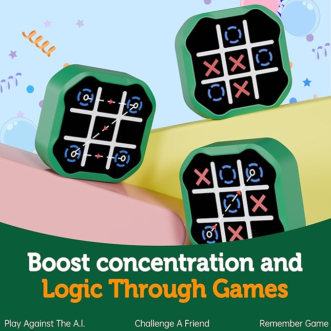 3 in 1 Electronic Tic Tac Toe Game, Handheld Digital Tic Tac Toe Bolt Game with Silent Mode, Portable Learing Toy Gift for Kids & Adults, Green(One Pack)-CubbioJoy