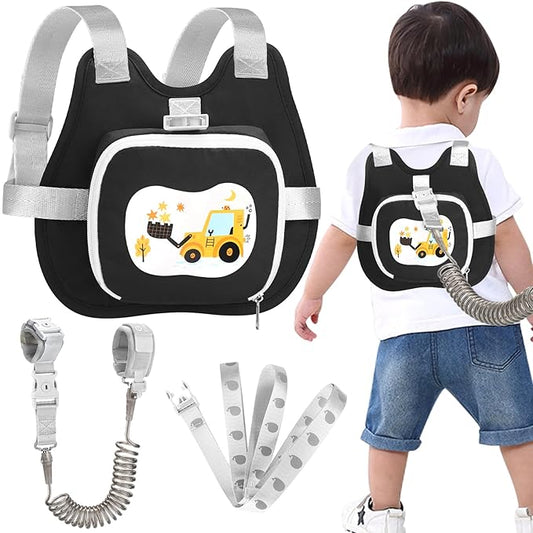 Accmor Toddler Harness Leash, Cute Excavator Child Walking Harness Tether Wristband Assistant Strap Belt Protector for Baby Boys, Collapsible Kids Leash + Anti Lost Wrist Link for Outdoor Travel Black-CubbioJoy