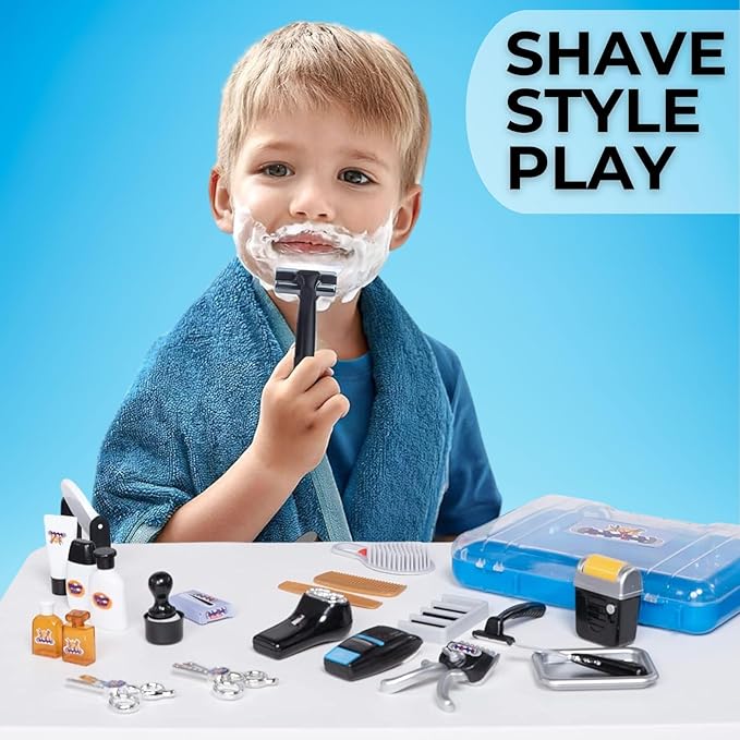 24 Pcs Barber Shop Pretend Play Toy - My First Shaving and Grooming Haircut Kit Toddler Role Play Set with Styling Accessories & Storage Box for Kids, Boys-CubbioJoy