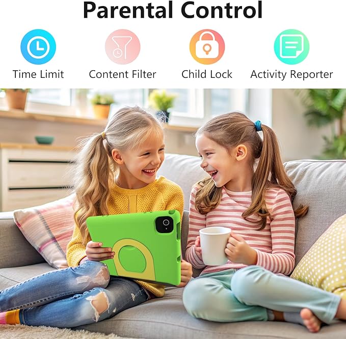 JREN Kids Table 10.1" ｜Android 14 Tablet for Kids｜64GB Storage｜Octa-Core｜WiFi ｜Cameras｜Parental Control｜Kids Content｜Case Included Great Gift for Children Ages 3-12 Years Old Green-CubbioJoy