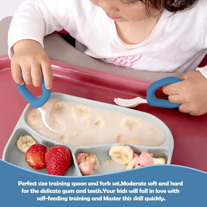 Baby Self Feeding Training Spoon and Fork Set with Travel Case, BPA-Free Cute Circle Toddler Training Utensils, Silicone/ABS Great Tableware Set Spoons Fork for Kids (Blue)-CubbioJoy