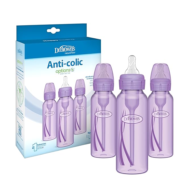 Dr. Brown’s Natural Flow® Anti-Colic Options+™ Narrow Baby Bottles 8 oz/250 mL, with Level 1 Slow Flow Nipple, 3 Pack, Purple, 0m+-CubbioJoy