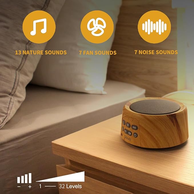 DOUNI White Noise Machine with 27 Soothing Sounds Timer, Adjustable Volume, Memory Function for Sleeping, Relaxation,Sound Machine for Kid,Adult,Nursery,Home,Office,Travel.Wood Grain-CubbioJoy