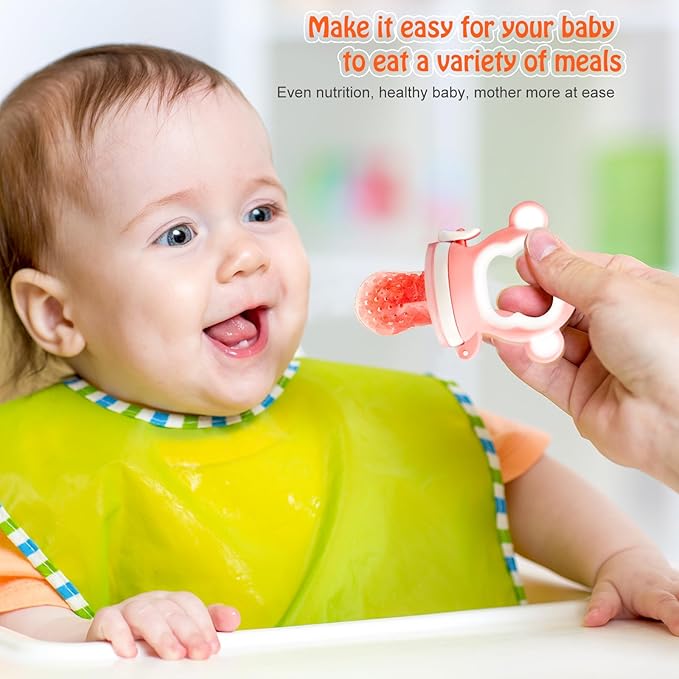 Baby Fruit Food Feeder - Silicone Nibble Tray Combo - Breastmilk Popsicle Mold for Cooling Relief, BPA Free Mesh Feeder for Infant Self Feeding (Monkey Pink + Pineapple)-CubbioJoy