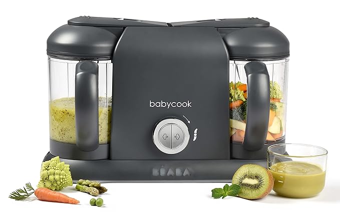 BEABA Babycook Duo 4 in 1 Baby Food Maker, Puree Steamer and Blender for Purees, Grinder with Auto Steam Cooking, Lrg 9.1 Cup Capacity, Makes 54 Servings in 20 Mins, Charcoal-CubbioJoy