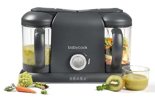 BEABA Babycook Duo 4 in 1 Baby Food Maker, Puree Steamer and Blender for Purees, Grinder with Auto Steam Cooking, Lrg 9.1 Cup Capacity, Makes 54 Servings in 20 Mins, Charcoal-CubbioJoy