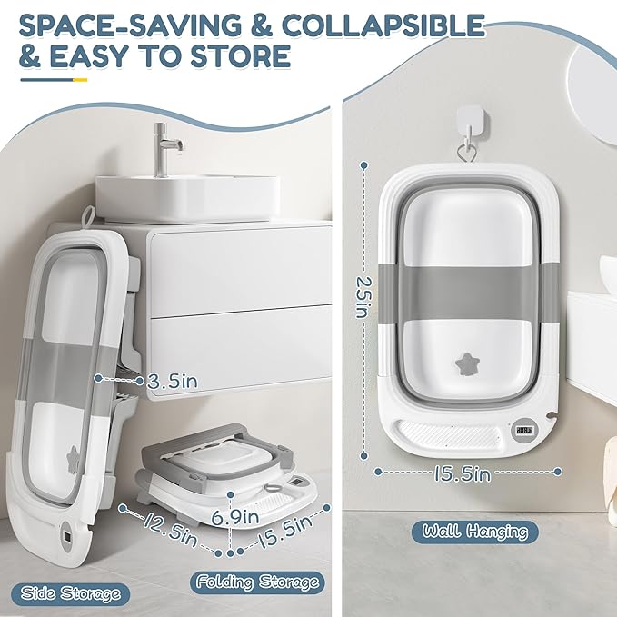 Collapsible Baby Bathtub,Baby Bath Tub with Thermometer & Soft Cushion,Baby Bathtub for Newborn to Toddler 0-36 Months,Portable Travel Baby Tub with No-Slip Feet,Baby Shower Gifts,Grey-CubbioJoy