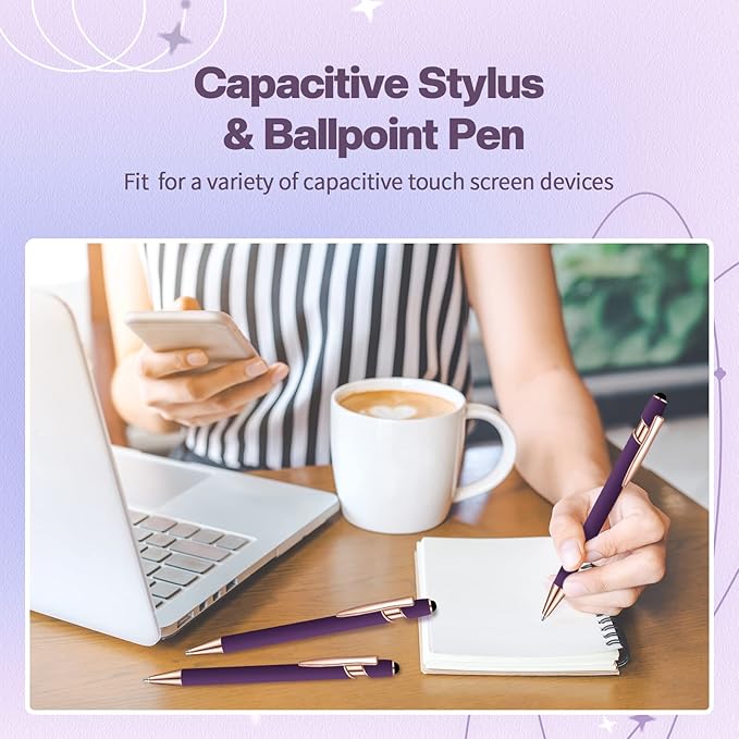 8 Pieces Ballpoint Pen with Stylus Tip Black Ink 2 in 1 Stylus Metal 1.0 mm Medium Point Smooth Pen Rainbow Colorful Rubberized Ballpoint for Touch Screen Tablet(Purple)-CubbioJoy