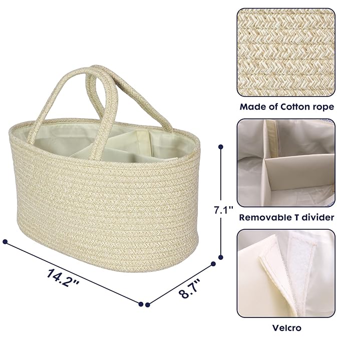 Baby Diaper Caddy Organizer for Girl Boy Cotton Rope Nursery Storage Bin Basket Portable Holder Tote Bag for Changing Table Car Travel Baby Shower Gifts Newborn Registry Must Have Items oatmeal-CubbioJoy