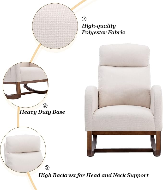 Dolonm Nursery Rocking Chair for Living Room, Upholstered Mid-Century Modern Nursery Rocking Armchair Tall Back Accent Glider Rocker, Beige-CubbioJoy