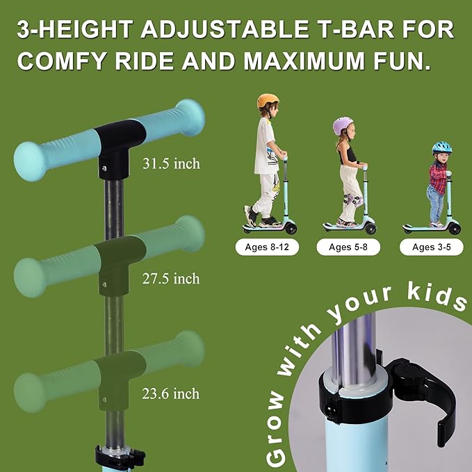 3-Wheel Light-Up Kids Scooter, 20 Different Light Patterns,Three Adjustable Heights,Lean to Steer, Balance Scooter for Ages 3-8-CubbioJoy