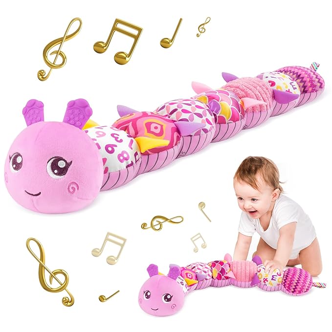Infant Baby Musical Stuffed Animal Activity Soft Toys with Multi-Sensory Crinkle, Rattle and Textures for 0-3-6-12 Months Developmental Toys, Caterpillar, Purple-CubbioJoy