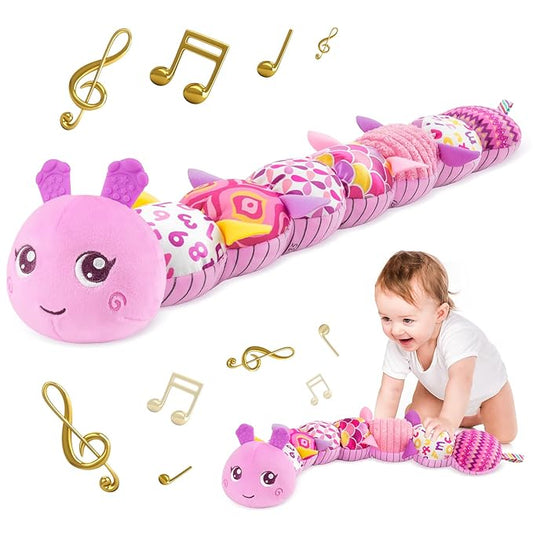 Infant Baby Musical Stuffed Animal Activity Soft Toys with Multi-Sensory Crinkle, Rattle and Textures for 0-3-6-12 Months Developmental Toys, Caterpillar, Purple-CubbioJoy