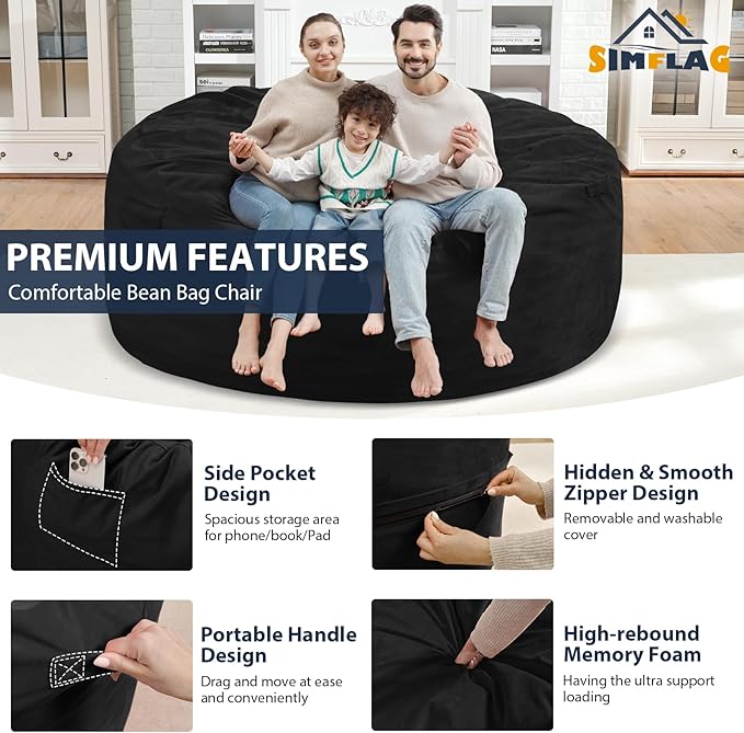 6FT Bean Bag Chair, Large Bean Bag Chairs with Memory Foam Filled, Fluffy Beanbag Sofa with Dutch Velvet Cover, Round BeanBag Chairs for Living Room, Playroom - Black-CubbioJoy