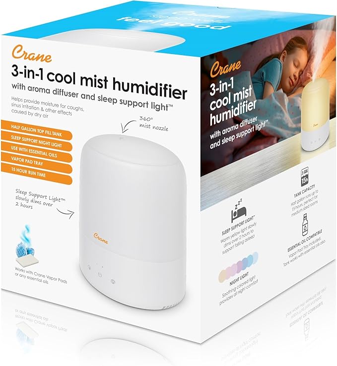 Crane Top Fill Mini Humidifier for Bedroom and Nursery 3-in-1 Essential Oil Diffuser Sleep Light 0.5 Gallon Baby Humidifier-CubbioJoy
