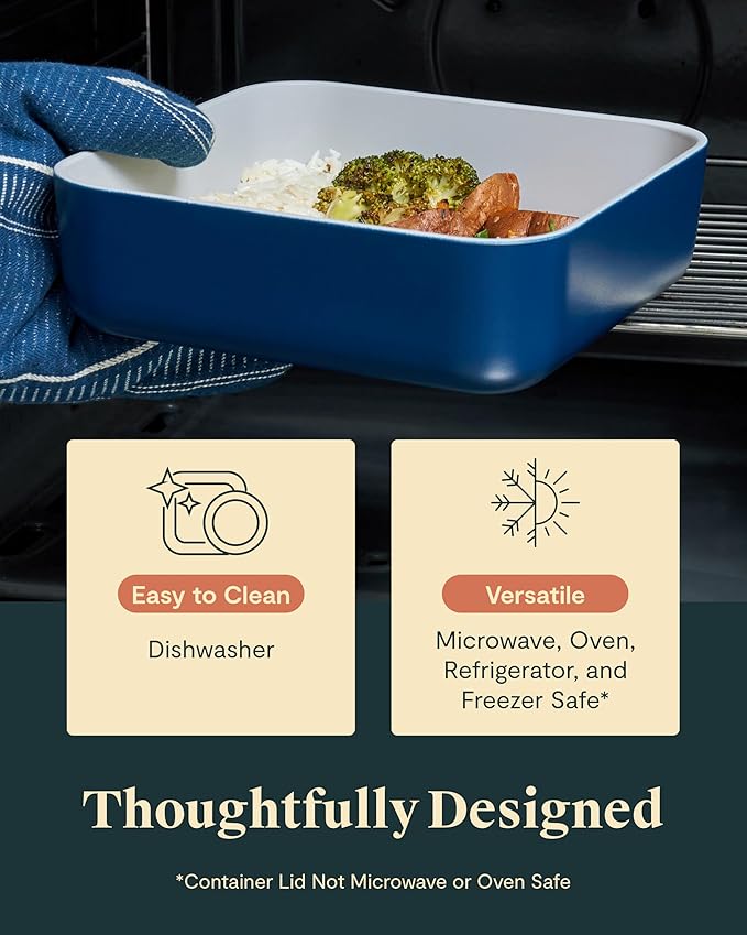 Caraway Glass Food Storage, 10 Cup Glass Container - Ceramic Coated Food Container - Non Toxic, Non Stick Lunch Box Container with Glass Lids. Dishwasher, Oven, & Microwave Safe - Square Shape - Gray-CubbioJoy