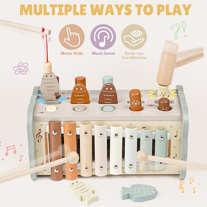 Joyreal Wooden Montessori Toys for 1 Year Old - Hammering Pounding Toy with Xylophone & Fishing Game - Educational Toddler Activities for 1 2 3 Year Old Christmas Birthday Gifts-CubbioJoy