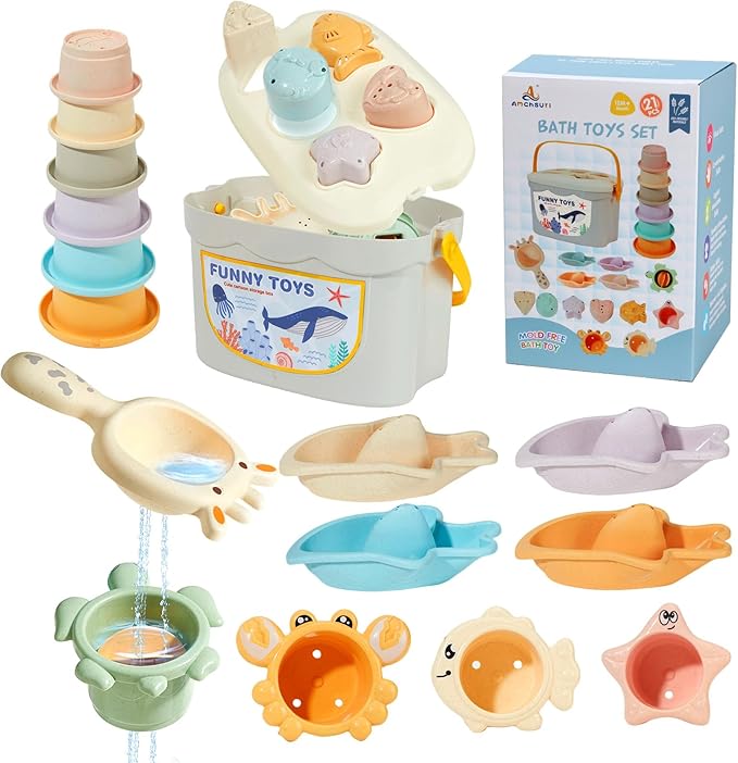 Bath Toys, 21PCS | Montessori Toys for Babies with Shapes for Sorting Play & Stacking Cups | Bath Boats & Spoon with Storage Container | Educational & Mold Free Bathtub Water Toys for Toddler Gifts-CubbioJoy