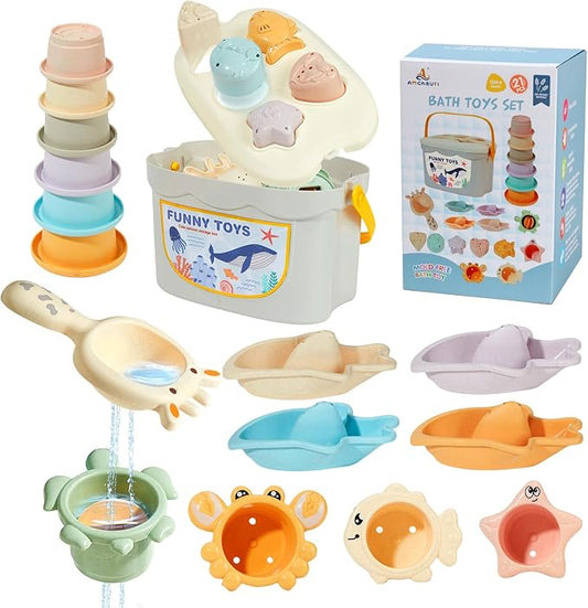 Bath Toys, 21PCS | Montessori Toys for Babies with Shapes for Sorting Play & Stacking Cups | Bath Boats & Spoon with Storage Container | Educational & Mold Free Bathtub Water Toys for Toddler Gifts-CubbioJoy