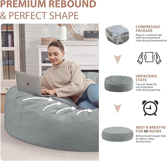 7FT Bean Bag Chair, Large Bean Bag Chairs with Memory Foam Filled, Fluffy Beanbag Sofa with Dutch Velvet Cover, Round BeanBag Chairs for Living Room, Playroom - Light Grey-CubbioJoy