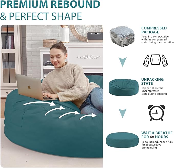 7FT Bean Bag Chair, Large Bean Bag Chairs with Memory Foam Filled, Fluffy Beanbag Sofa with Dutch Velvet Cover, Round BeanBag Chairs for Living Room, Playroom - Sea Blue-CubbioJoy