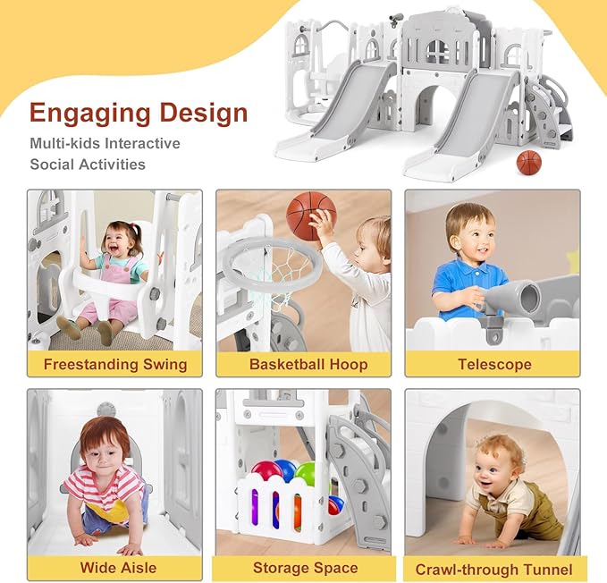 JOYLDIAS 10 in 1 Toddler Slide, Double Kid Climber Slide Playset w/Swing, Basketball Hoop, Telescope, Tunnel, Storage Space and Non-Slip Steps, Indoor Outdoor Backyard Playground Toy for Toddlers-CubbioJoy