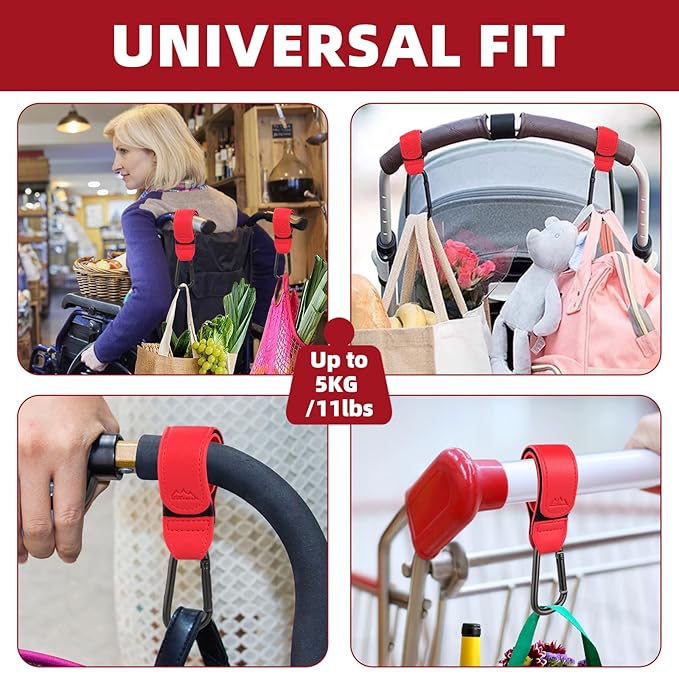 Baby Stroller Hooks Bag Hooks for Hanging Diaper Bags Multipurpose Hooks for Grocery Shopping Bags Premium Vegan Leather Pram Straps 2 Pcs (red)-CubbioJoy
