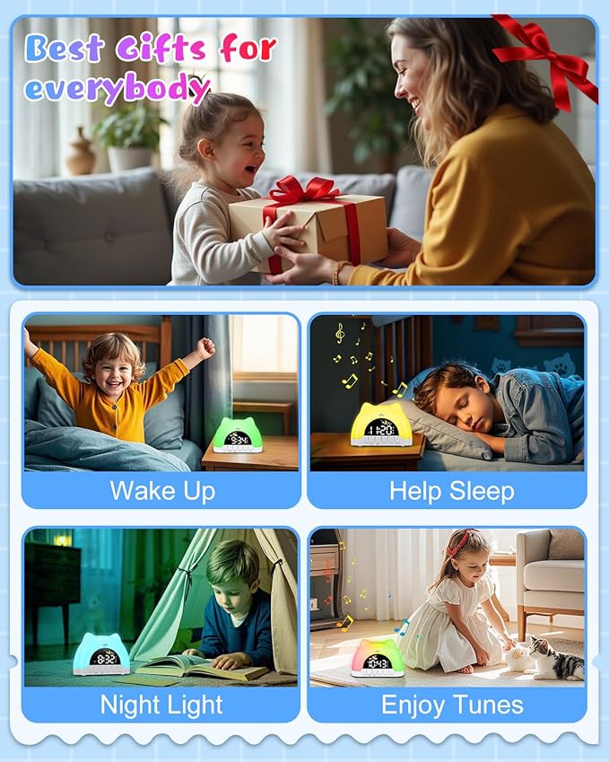Kids Alarm Clock, OK to Wake Clock for Kids, Cat Clock with 11 Colors Night Light, 10 Soothing Sounds, Child Lock, Dual Alarms, Sleep Training, Birthday Gift for Boy Girls Children-CubbioJoy