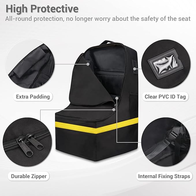 Car Seat Travel Bag - Padded, Comfortable, Durable, Roomy Gate Check Carseat Cover Backpack Fits 3-in-1，Convertible, Booster & Infant Car Seats for Airplane, Airport, Yellow-CubbioJoy