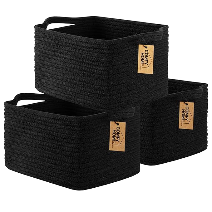 COMFY-HOMI 3PACK Cotton Rope Woven Basket With Handles for Shelves, Toy, Book, Cloth Storage Basket for Organizing|13.5" x 11" x 9.5" Decorative Nursery Cube Bin for Living Room（all Black）-CubbioJoy