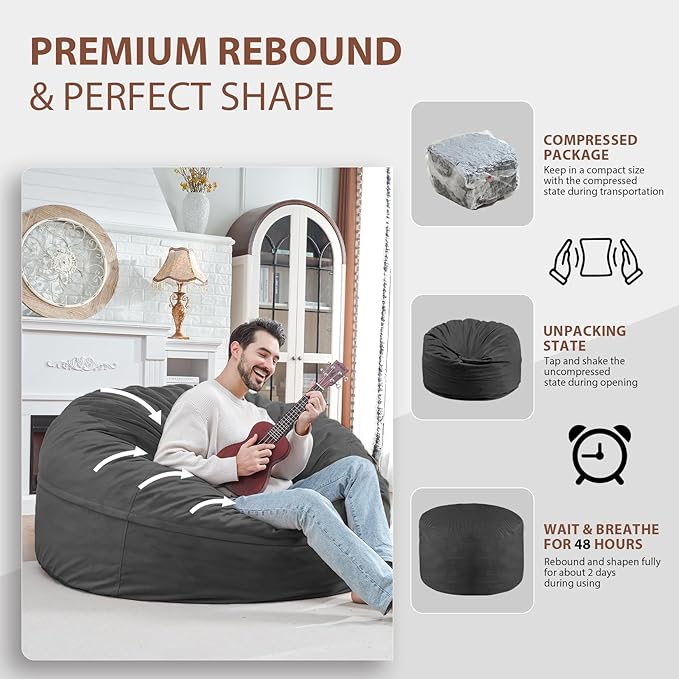 5FT Bean Bag Chair, Large Bean Bag Chairs with Memory Foam Filled, Fluffy Beanbag Sofa with Dutch Velvet Cover, Round BeanBag Chairs for Living Room, Playroom - Grey-CubbioJoy