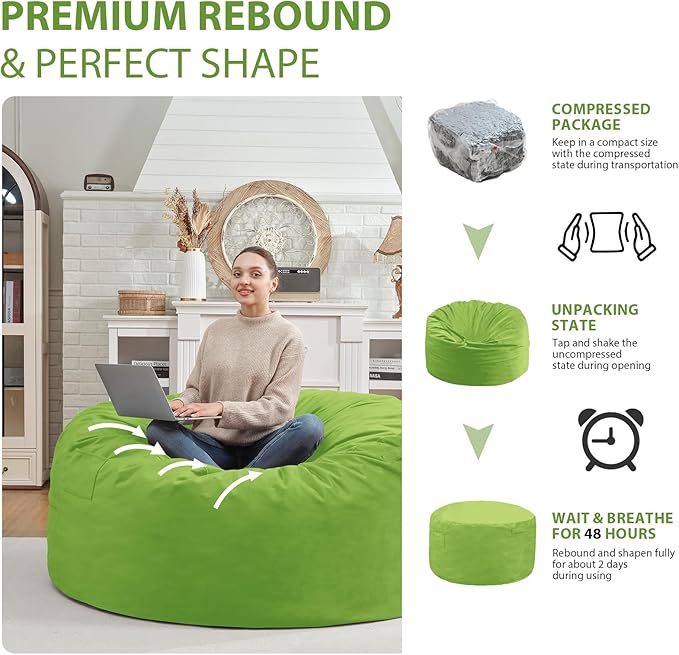 3FT Bean Bag Chair, Comfy Bean Bag Chairs with Memory Foam Filled, Fluffy Beanbag Sofa with Dutch Velvet Cover, Round BeanBag Chairs for Living Room, Playroom - Lime-CubbioJoy